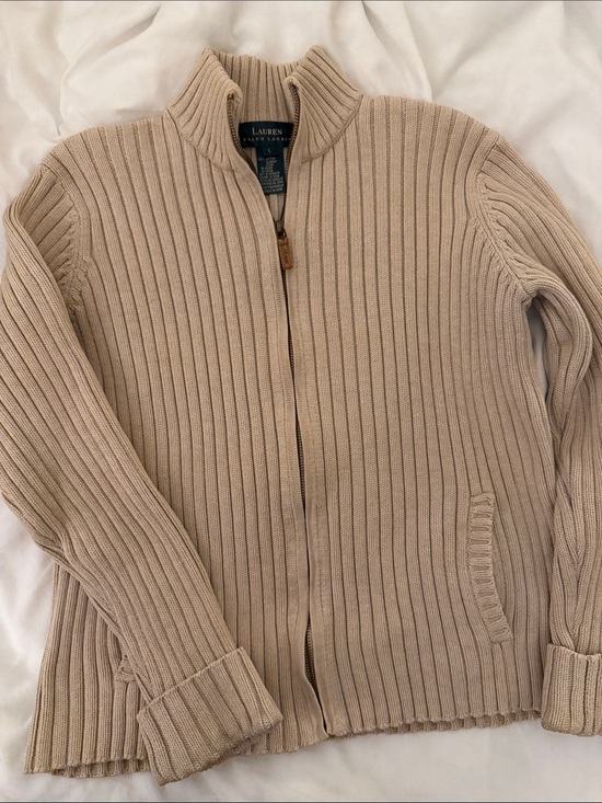 Lauren Ralph Lauren Sweaters - Vintage Lauren Ralph Lauren Full-Zip Ribbed Knit Sweater - Beige